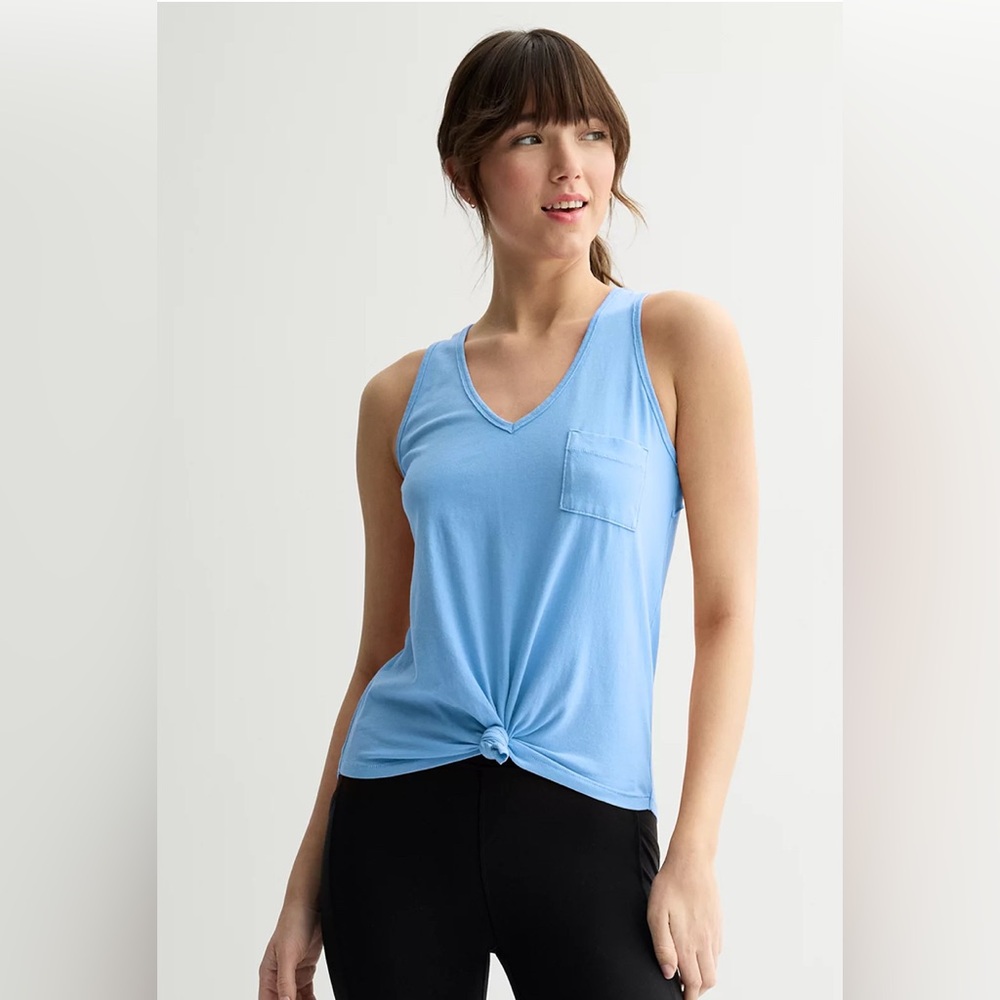 Light Blue Sleeveless V-neck tank Top with pocket & Knot Detail